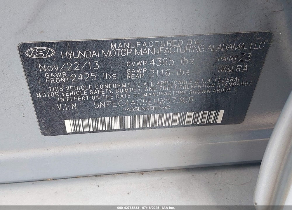 2014 HYUNDAI SONATA VIN: 5NPEC4AC5EH857308