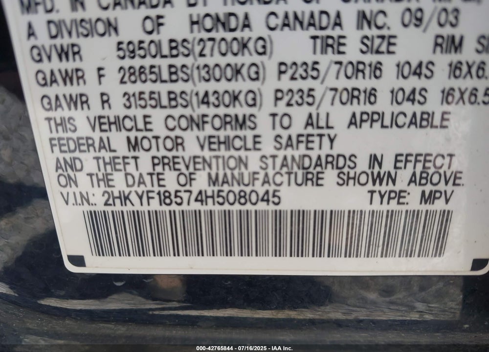 2004 HONDA PILOT EX-L VIN: 2HKYF18574H508045
