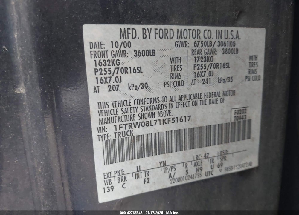 2001 FORD F-150 VIN: 1FTRW08L71KF51617