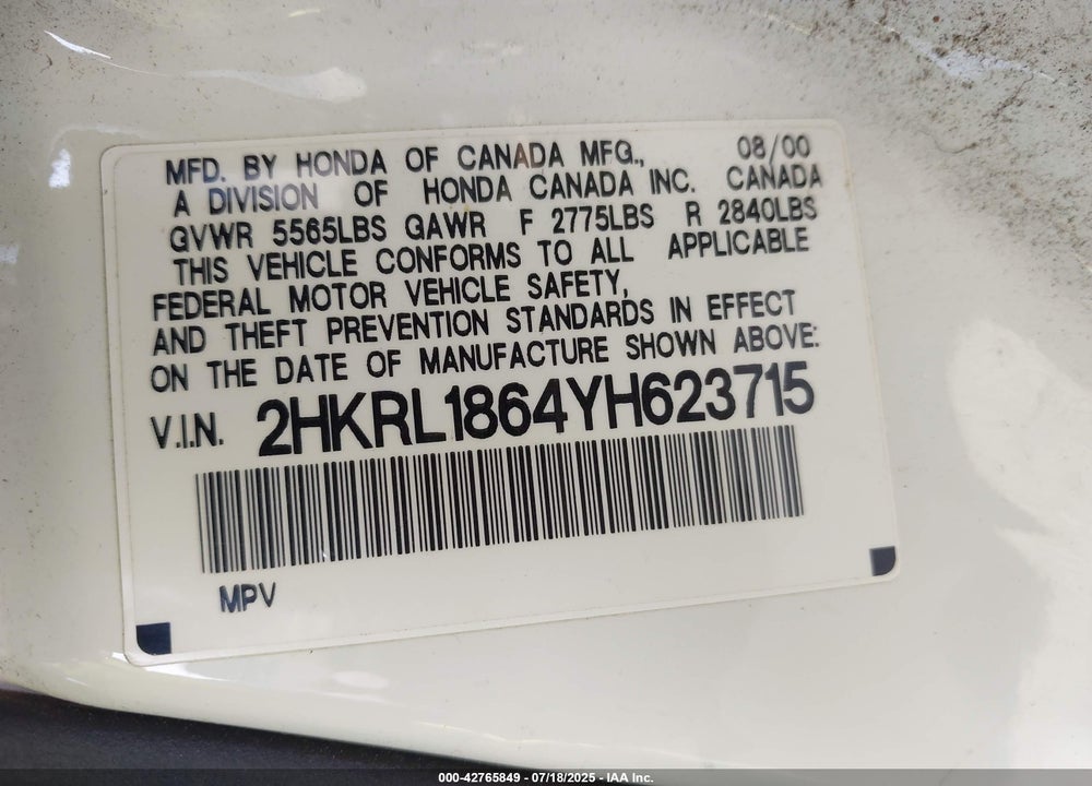 2000 HONDA ODYSSEY EX VIN: 2HKRL1864YH623715