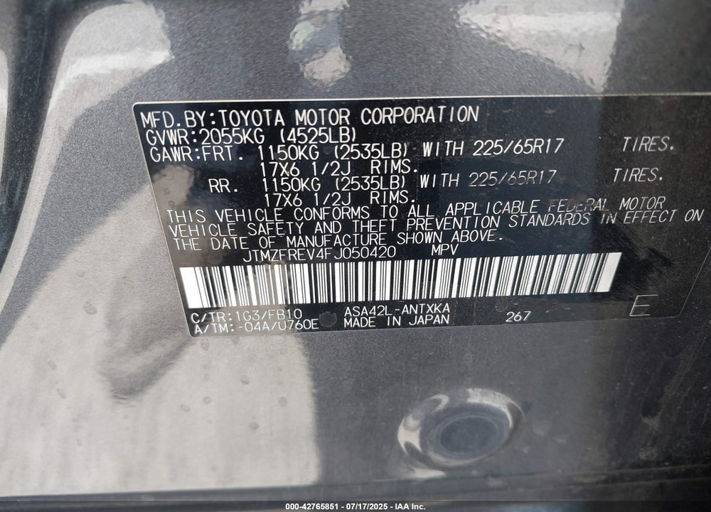 2015 TOYOTA RAV4 VIN: JTMZFREV4FJ050420