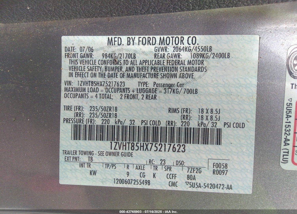 2007 FORD MUSTANG VIN: 1ZVHT85HX75217623
