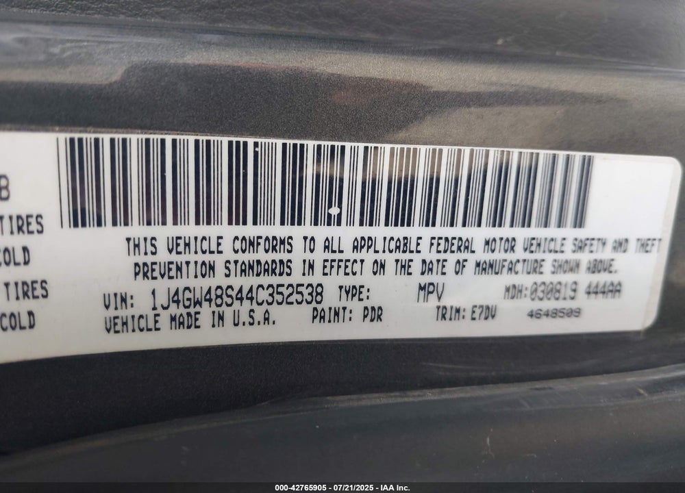 2004 JEEP GRAND CHEROKEE LAREDO VIN: 1J4GW48S44C352538