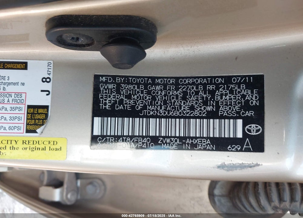 2011 TOYOTA PRIUS VIN: JTDKN3DU6B0322802