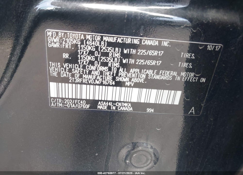 2018 TOYOTA RAV4 VIN: 2T3RFREV0JW716764