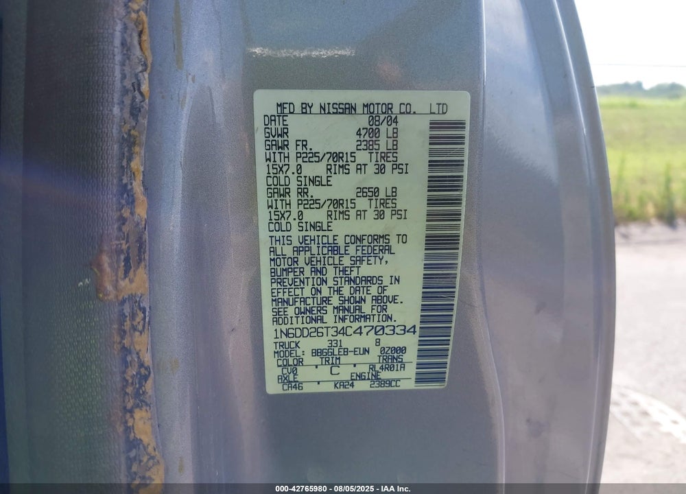 2004 NISSAN FRONTIER XE VIN: 1N6DD26T34C470334
