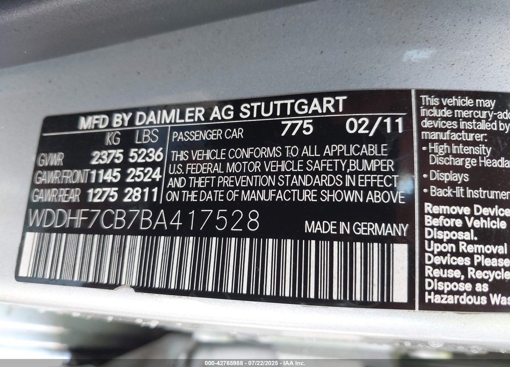 2011 MERCEDES-BENZ E 550 VIN: WDDHF7CB7BA417528