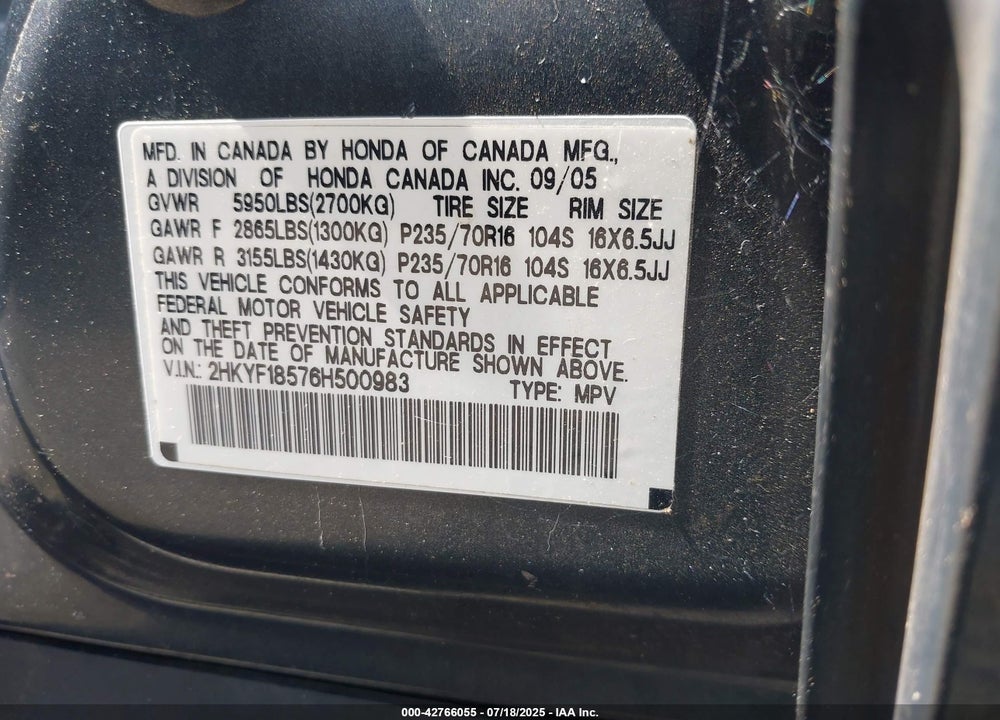 2006 HONDA PILOT VIN: 2HKYF18576H500983