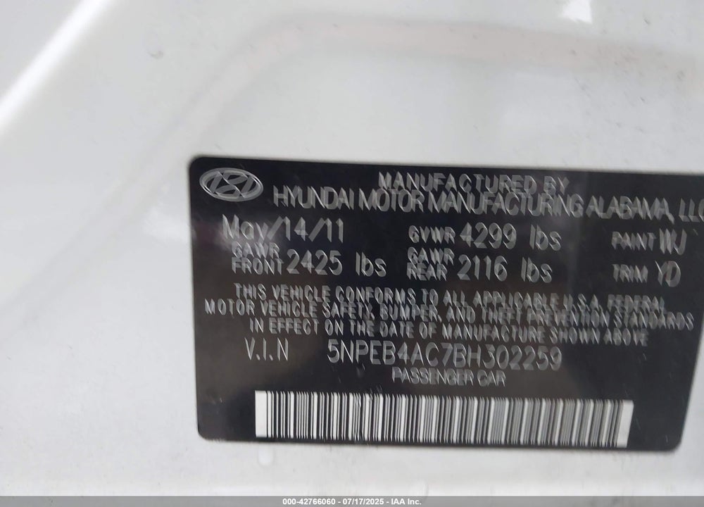 2011 HYUNDAI SONATA VIN: 5NPEB4AC7BH302259
