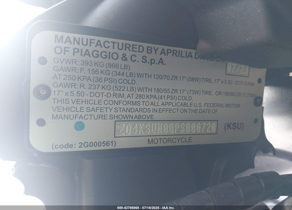 2023 APRILIA TUONO 660 FACTORY VIN: ZD4KSUM00PS000720