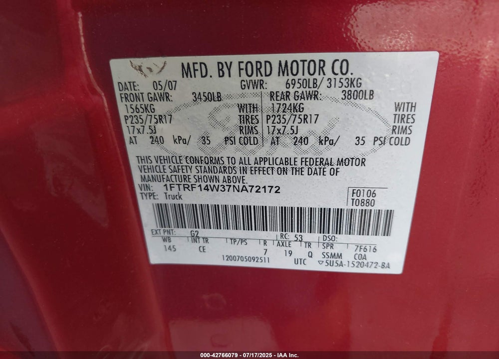 2007 FORD F-150 VIN: 1FTRF14W37NA72172