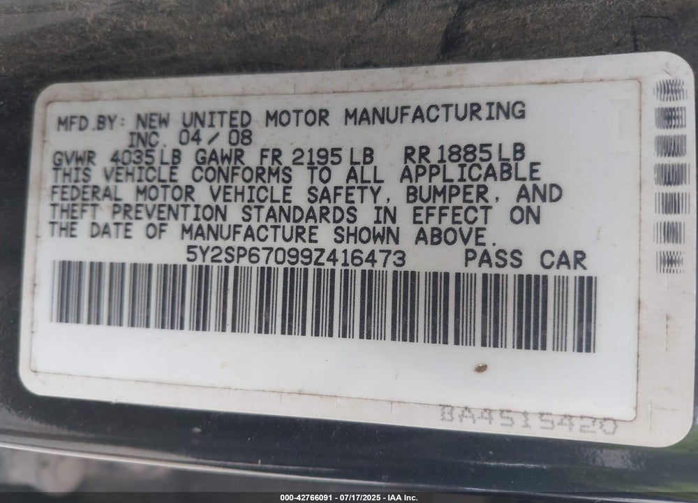 2009 PONTIAC VIBE VIN: 5Y2SP67099Z416473