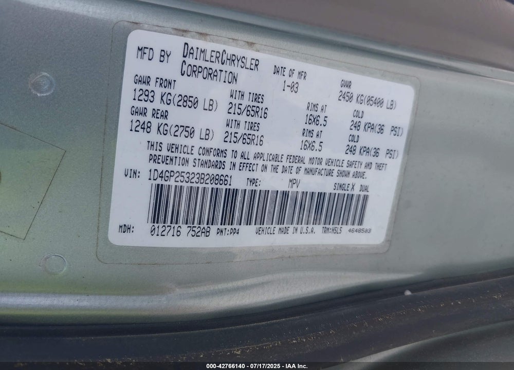 2003 DODGE CARAVAN SE VIN: 1D4GP25323B208661
