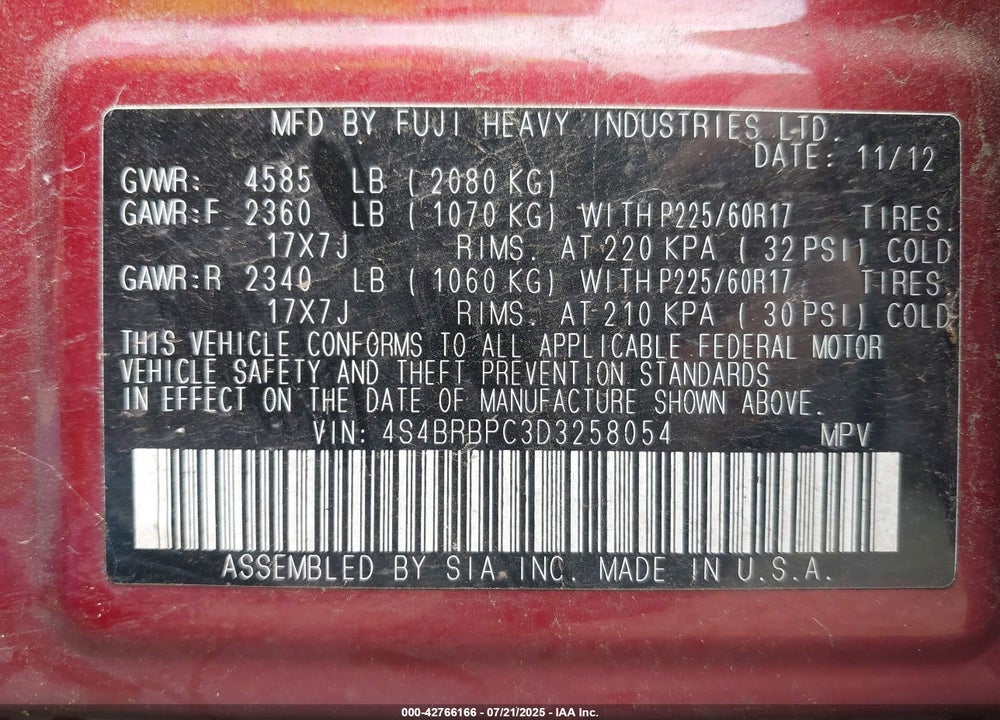 2013 SUBARU OUTBACK VIN: 4S4BRBPC3D3258054