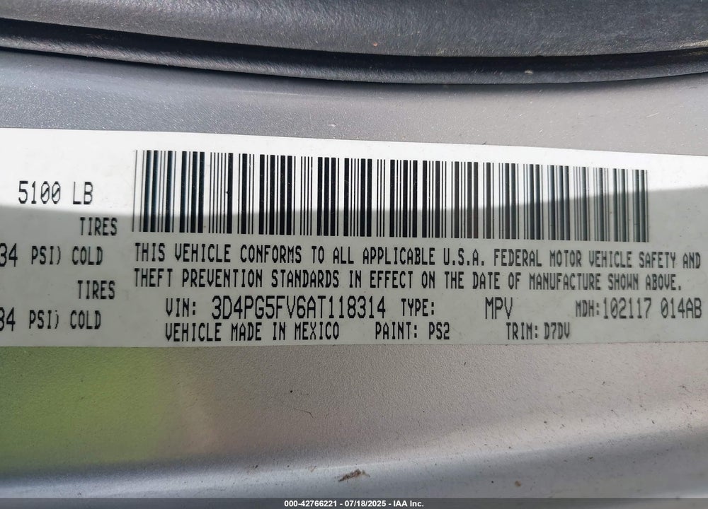 2010 DODGE JOURNEY VIN: 3D4PG5FV6AT118314