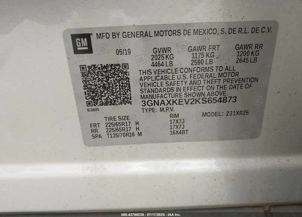 2019 CHEVROLET EQUINOX VIN: 3GNAXKEV2KS654873