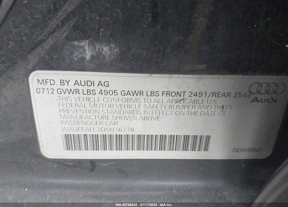 2013 AUDI A4 VIN: WAUFFAFL7DN016718