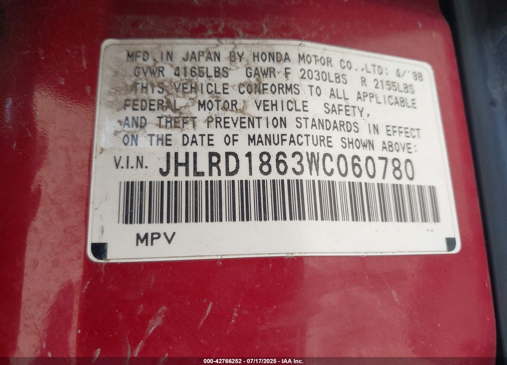 1998 HONDA CR-V EX VIN: JHLRD1863WC060780