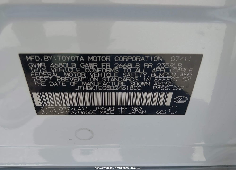2011 LEXUS ES350 VIN: JTHBK1EG5B2461800
