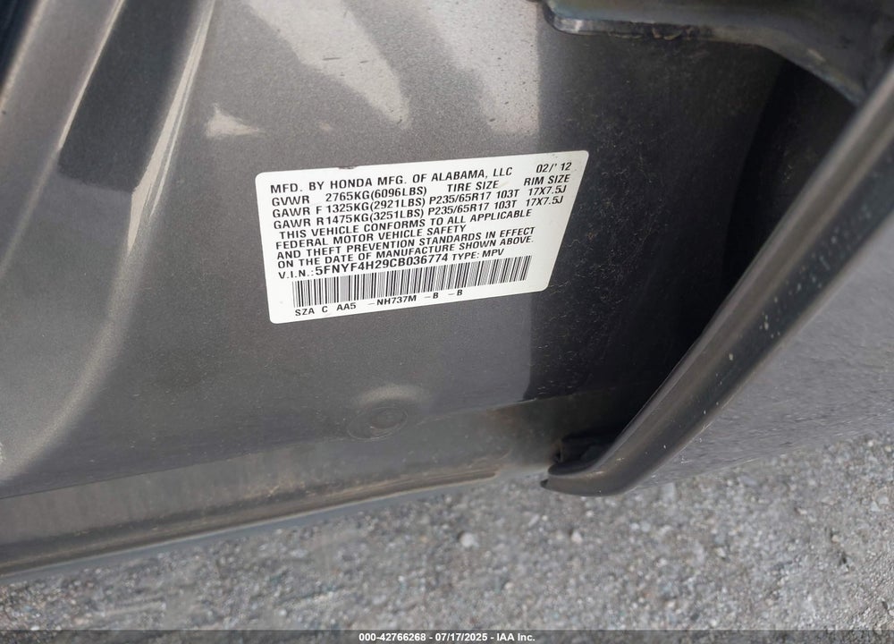 2012 HONDA PILOT VIN: 5FNYF4H29CB036774