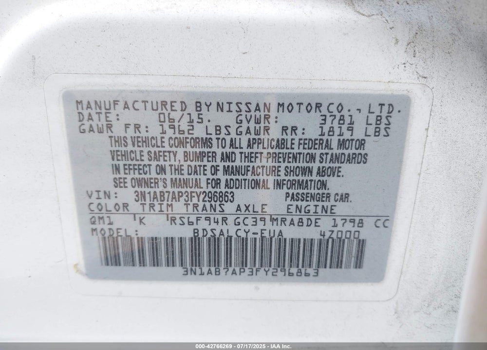 2015 NISSAN SENTRA VIN: 3N1AB7AP3FY296863