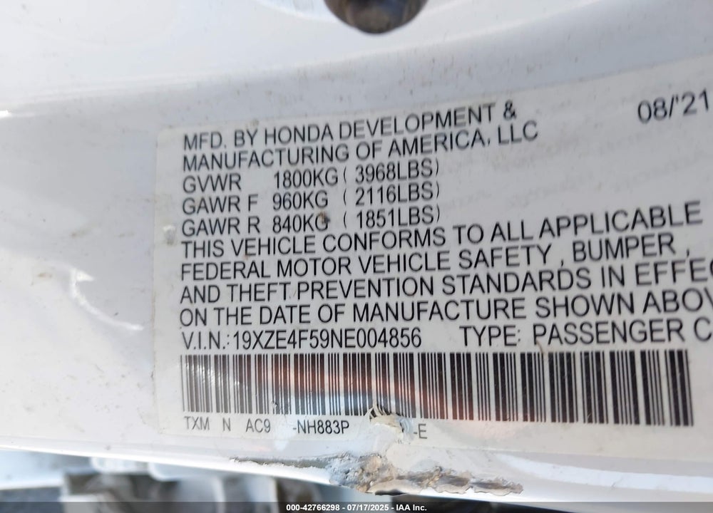 2022 HONDA INSIGHT EX VIN: 19XZE4F59NE004856