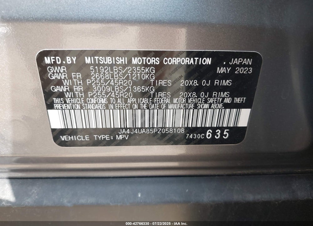 2023 MITSUBISHI OUTLANDER VIN: JA4J4UA85PZ058108