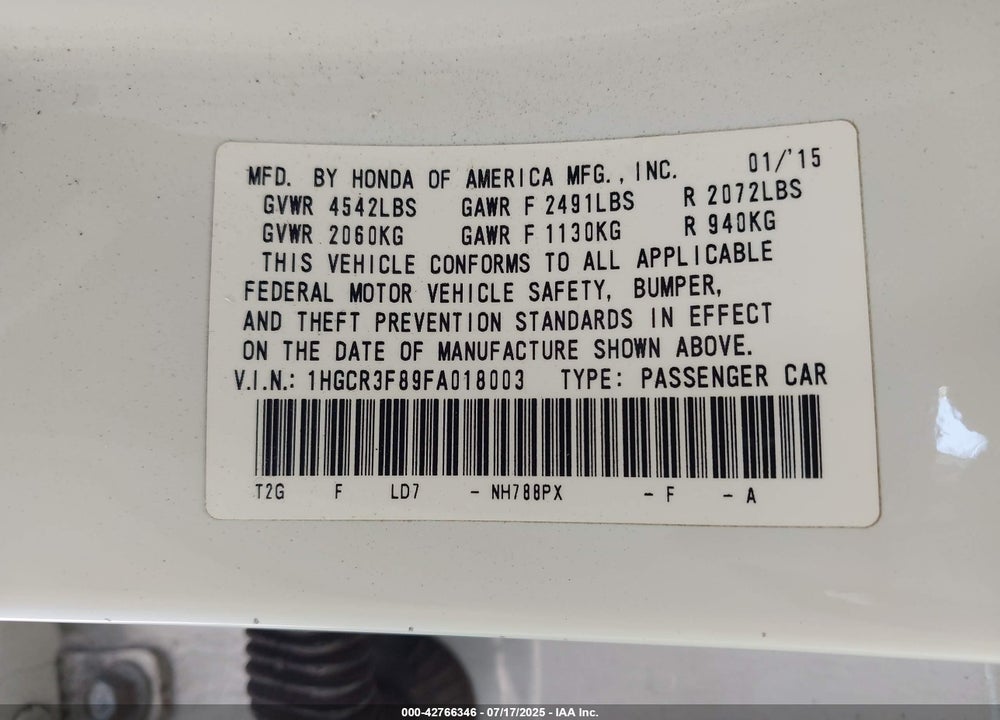 2015 HONDA ACCORD EX-L V-6 VIN: 1HGCR3F89FA018003
