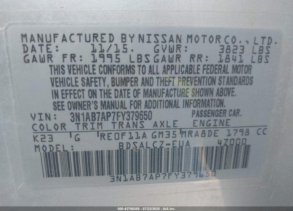 2015 NISSAN SENTRA VIN: 3N1AB7AP7FY379650