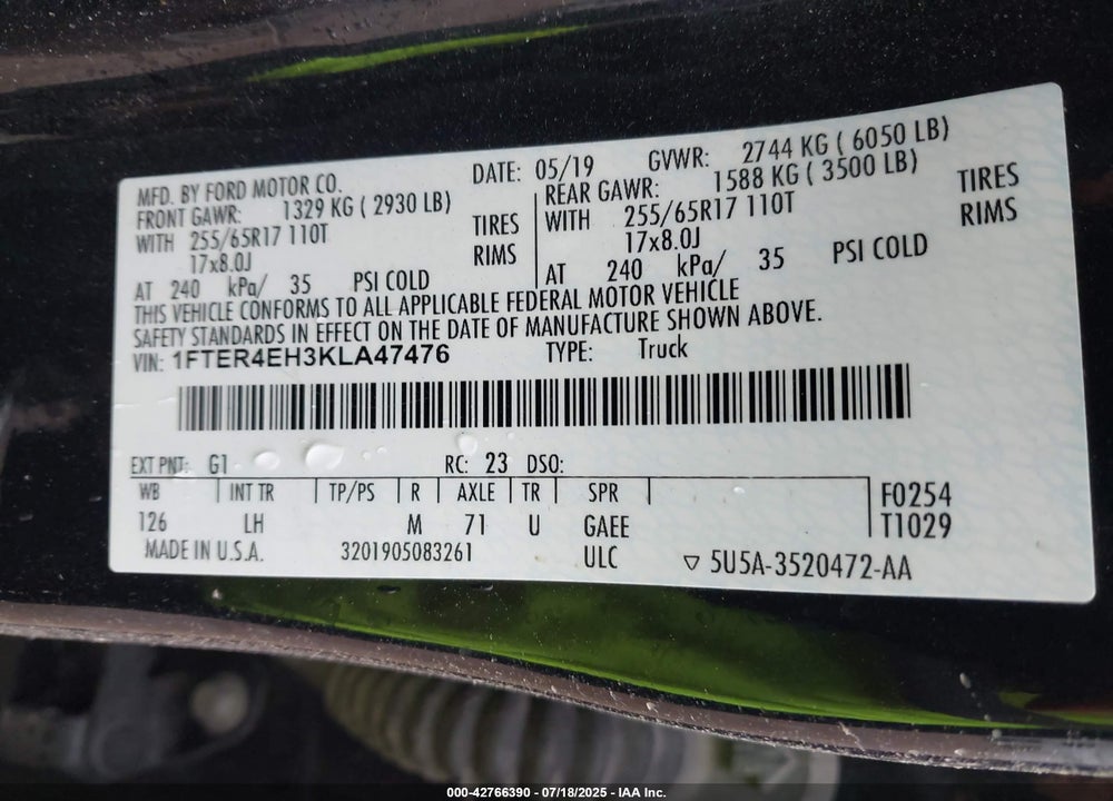 2019 FORD RANGER VIN: 1FTER4EH3KLA47476