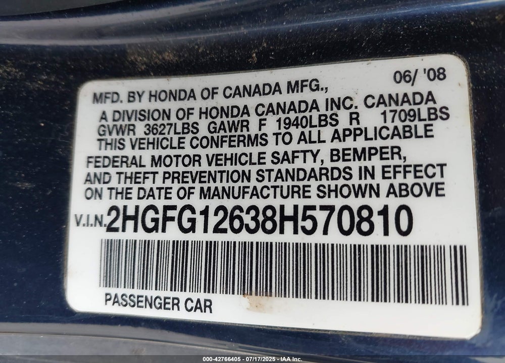 2008 HONDA CIVIC LX VIN: 2HGFG12638H570810