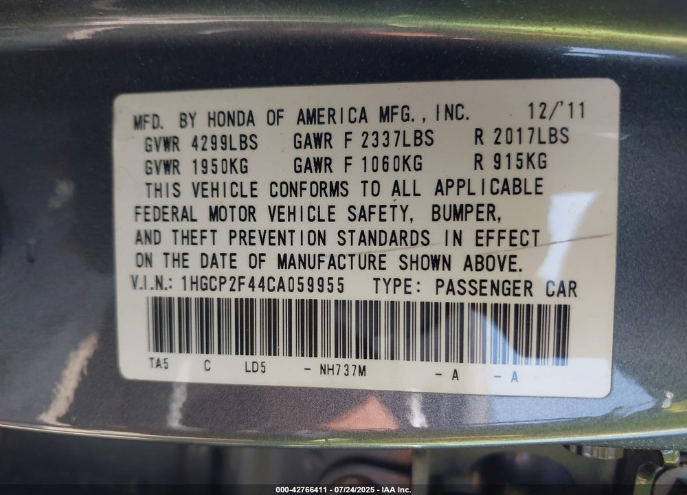 2012 HONDA ACCORD VIN: 1HGCP2F44CA059955