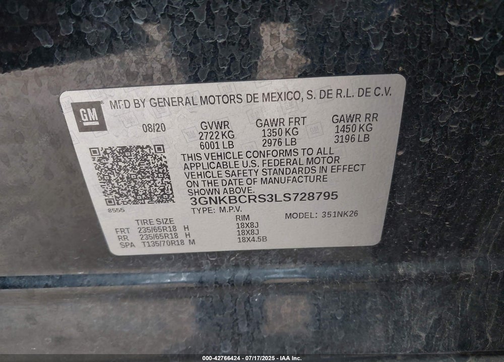 2020 CHEVROLET BLAZER VIN: 3GNKBCRS3LS728795