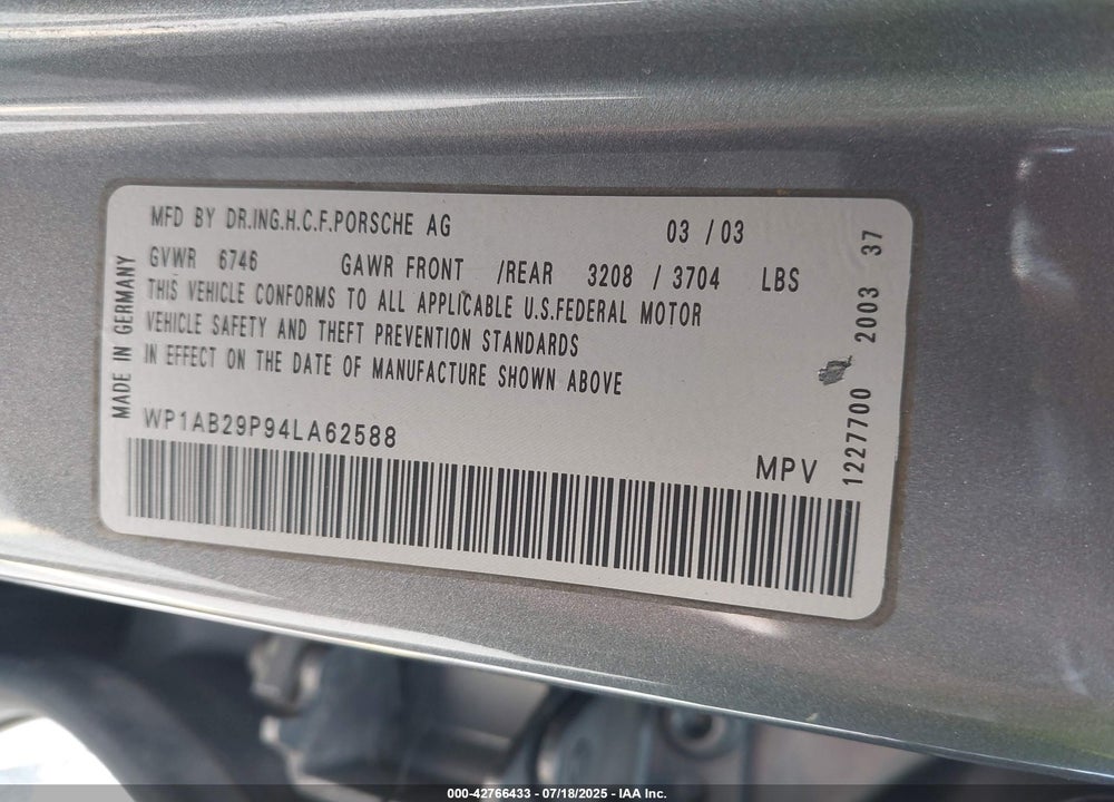 2004 PORSCHE CAYENNE S VIN: WP1AB29P94LA62588