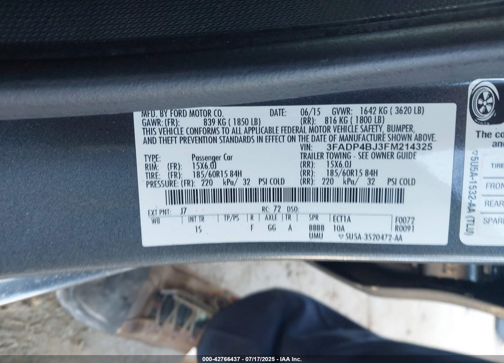 2015 FORD FIESTA SE VIN: 3FADP4BJ3FM214325