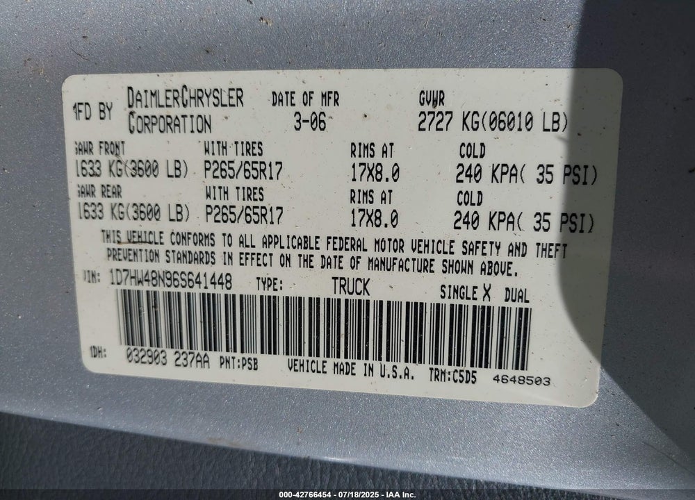 2006 DODGE DAKOTA VIN: 1D7HW48N96S641448