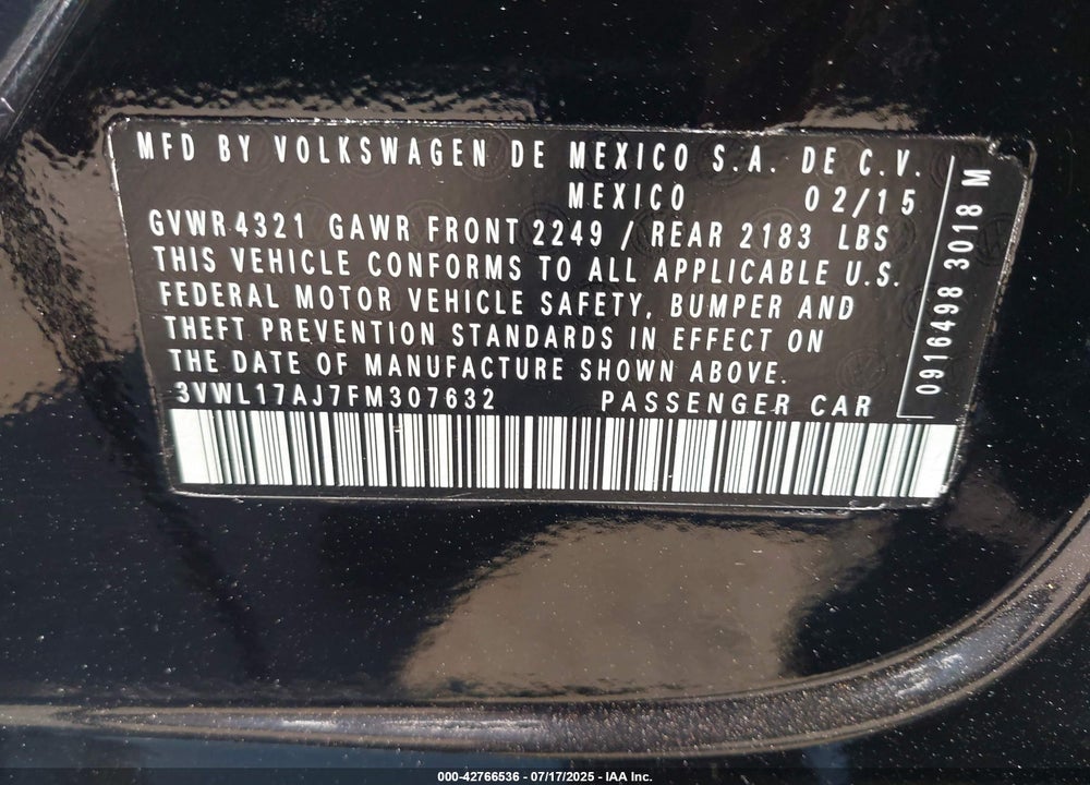 2015 VOLKSWAGEN JETTA VIN: 3VWL17AJ7FM307632