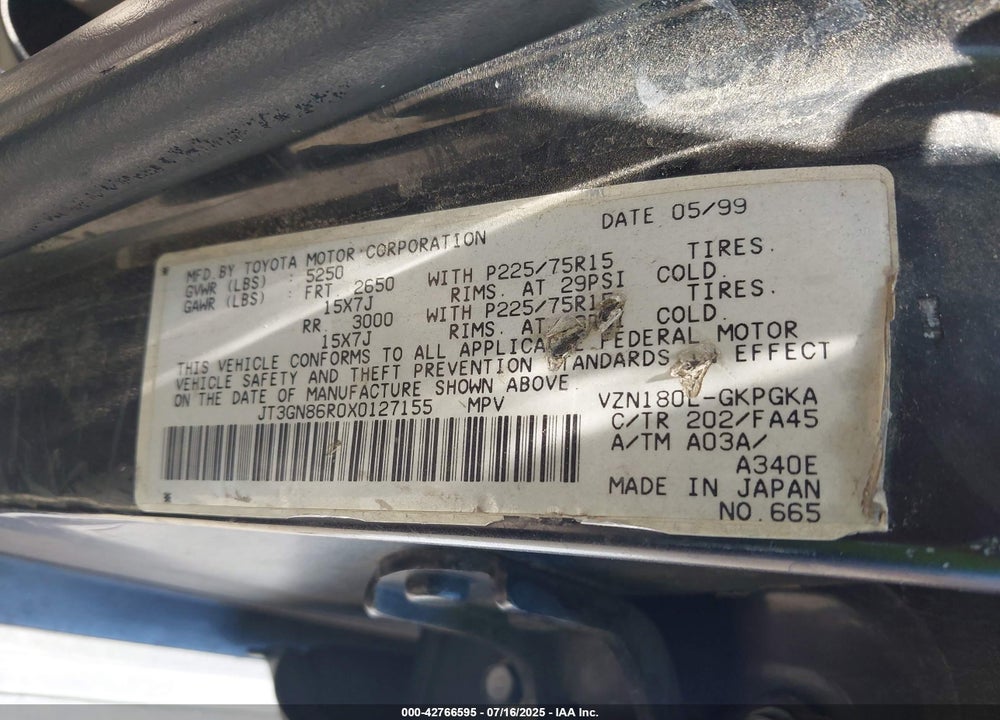 1999 TOYOTA 4RUNNER VIN: JT3GN86R0X0127155