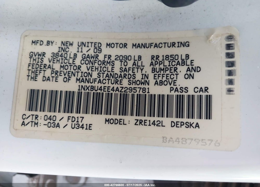 2010 TOYOTA COROLLA VIN: 1NXBU4EE4AZ295781