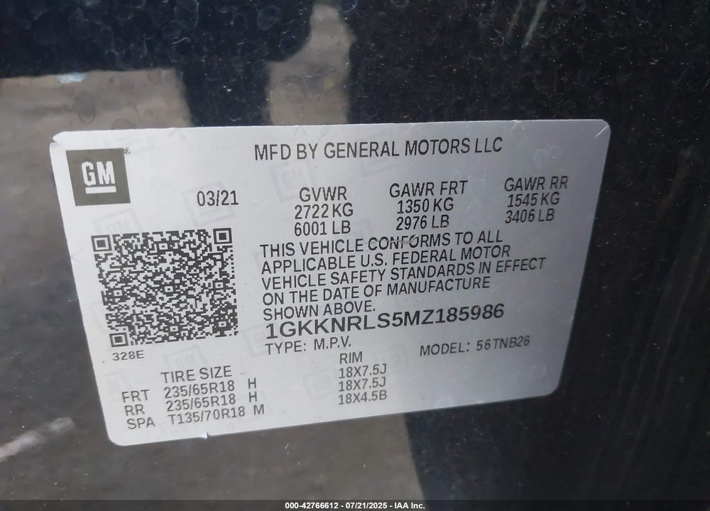 2021 GMC ACADIA VIN: 1GKKNRLS5MZ185986