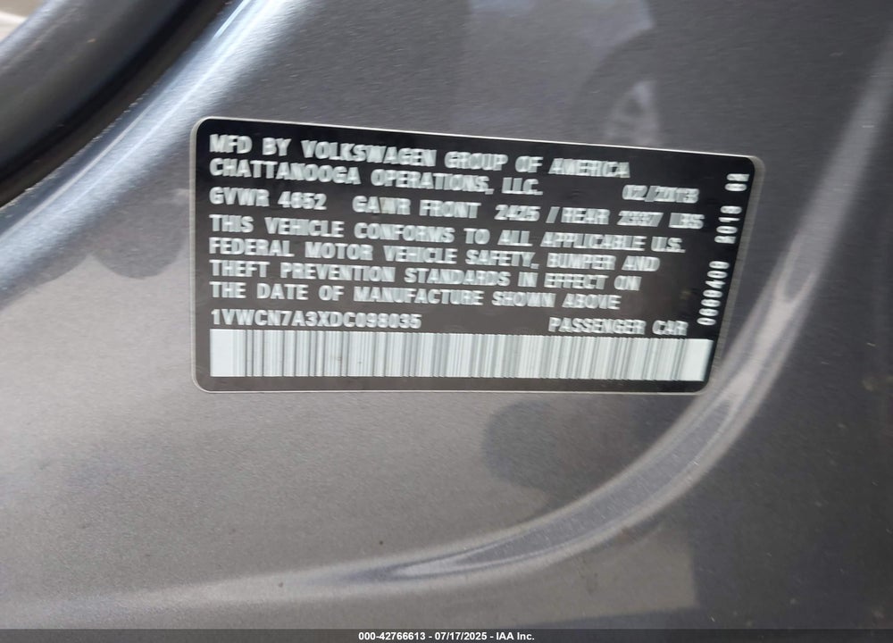 2013 VOLKSWAGEN PASSAT 2.0L TDI SEL PREMIUM VIN: 1VWCN7A3XDC098035