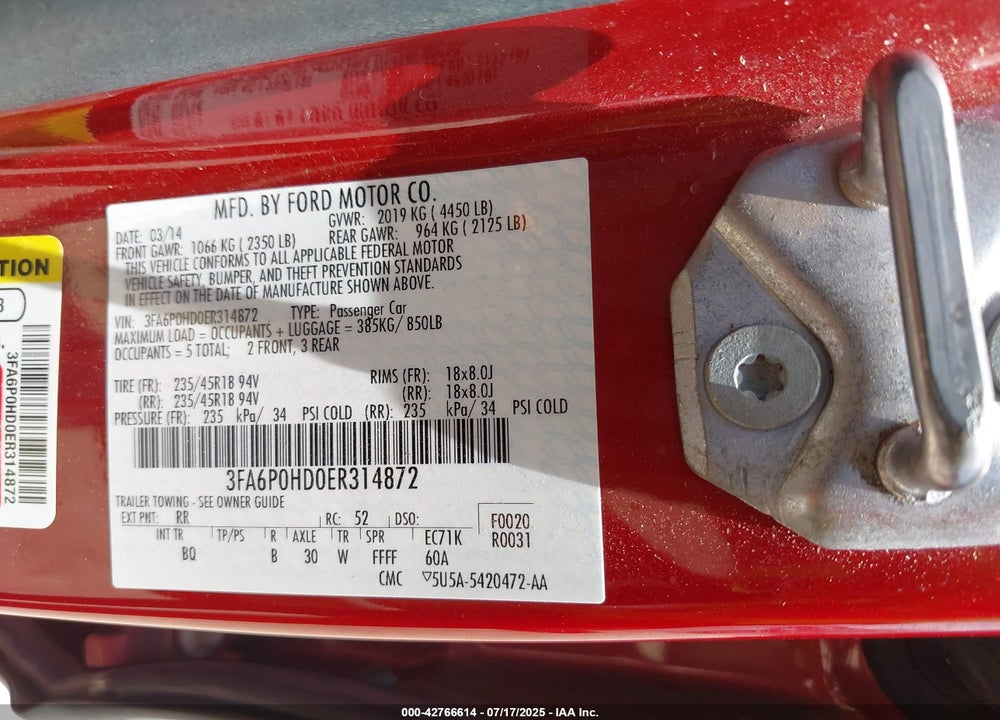 2014 FORD FUSION VIN: 3FA6P0HD0ER314872