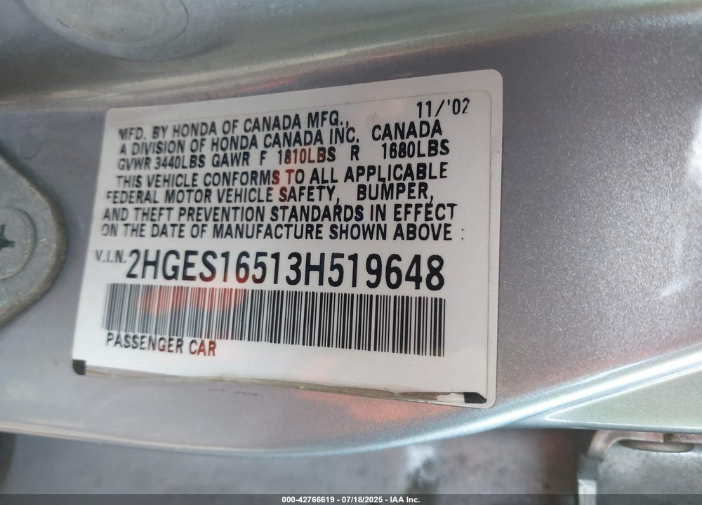 2003 HONDA CIVIC LX VIN: 2HGES16513H519648