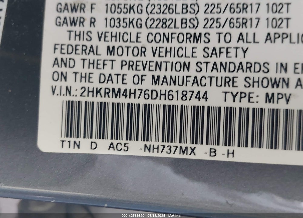 2013 HONDA CR-V VIN: 2HKRM4H76DH618744