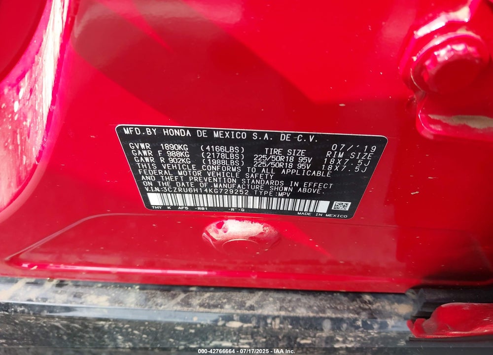 2019 HONDA HR-V SPORT VIN: 3CZRU6H14KG729252