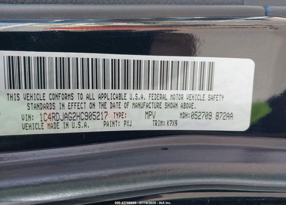 2017 DODGE DURANGO VIN: 1C4RDJAG2HC905217