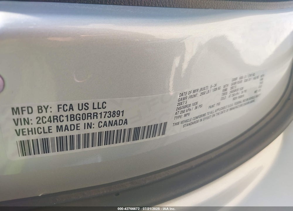 2024 CHRYSLER PACIFICA TOURING L VIN: 2C4RC1BG0RR173891