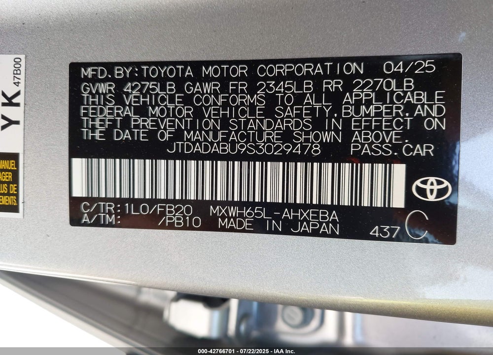 2025 TOYOTA PRIUS VIN: JTDADABU9S3029478