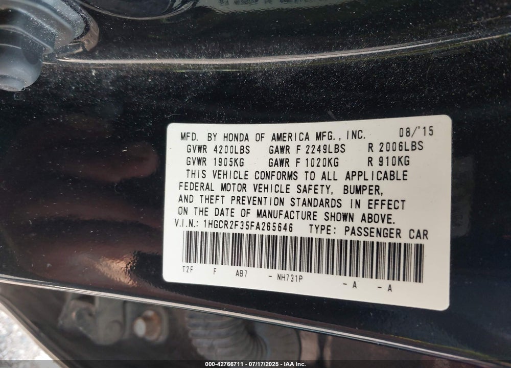 2015 HONDA ACCORD LX VIN: 1HGCR2F35FA265646