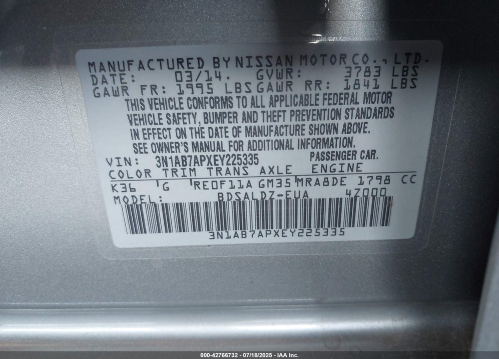 2014 NISSAN SENTRA VIN: 3N1AB7APXEY225335